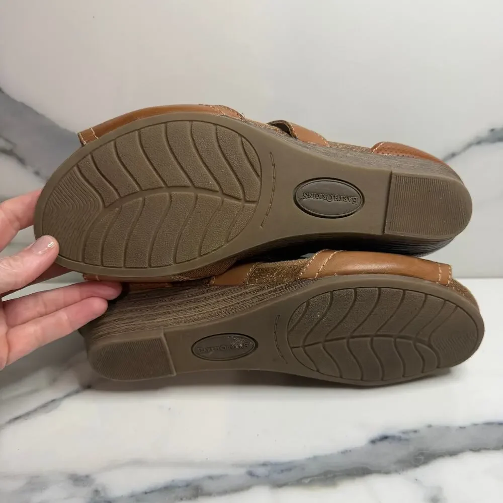 Earth Origins Wmns Tan Leather Hermia Wedge Sandals Sz 9.5 Festival Boho Comfort